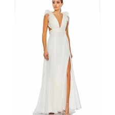 Mac Duggal 68113 Gown Womens 4 White Feather Lace Up Back Formal Prom Wedding