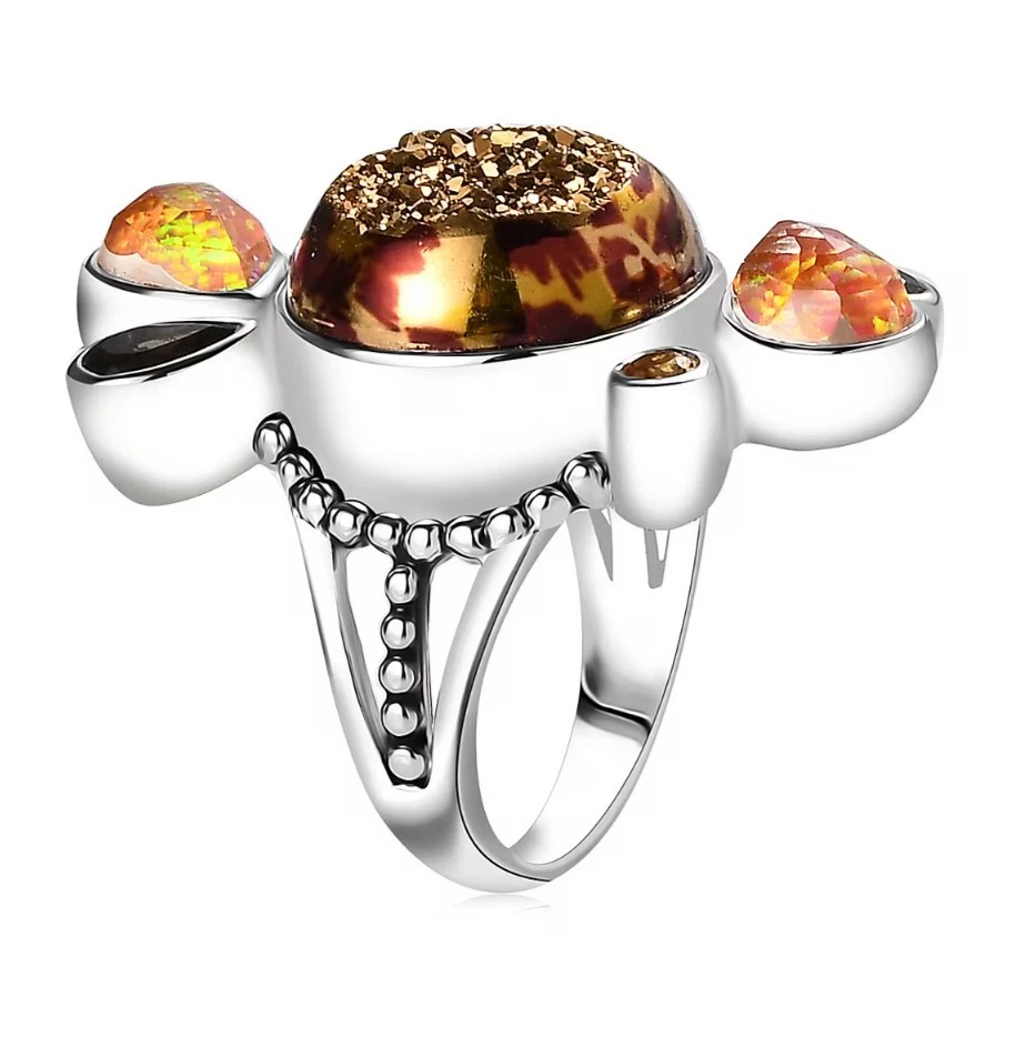 Anillo Sajen Astral Leopardo Oro Ventana Drusy Cuarzo y MultiPiedras Preciosas Talla 8 Plata 925 Foto 4 de 4