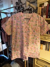 Women s Pink V-Neck Short Sleeve Medical Scrub Top Patterned Print