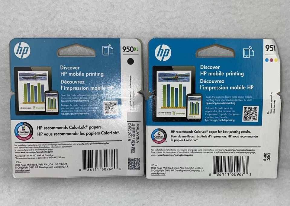 Paquete de 2 cartuchos de tinta HP 950XL negros y 951 colores nuevos sellados de fábrica expiran 2018 Foto 2 de 2