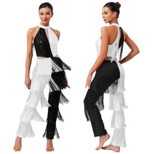 US Women's Contrast Color Long Tassel Pants Retro 70s Disco Dancewear Jumpsuit
