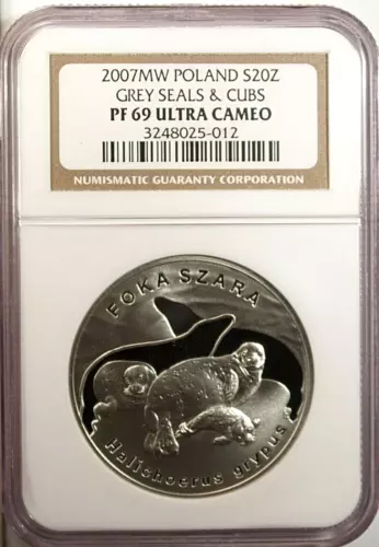 Poland 20 Zlotych 2007 MW NGC PF 69 Ultra Cameo UNC Silver Grey Seal & Cubs