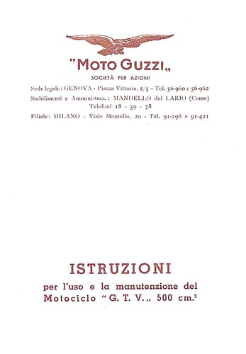 Moto Guzzi 500cc G.T.V. Motorcycle ~ 1946 ~ Owner's Instruction MANUAL Handbook - Picture 2 of 5