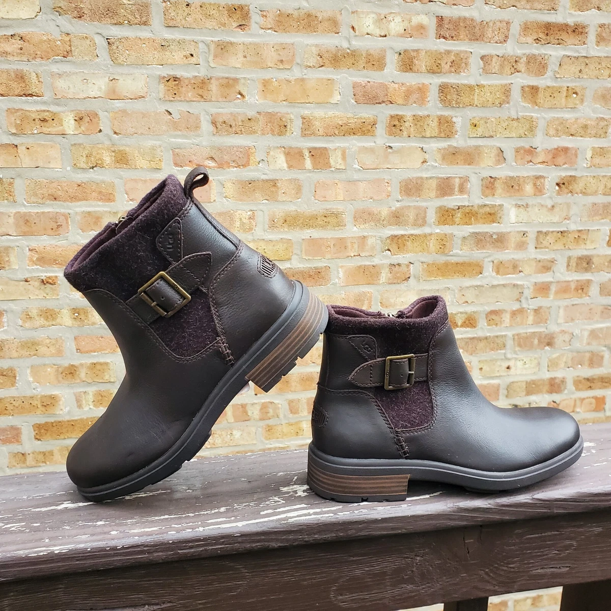 UGG Women s Harrison Moto Fashion Leather Boots Brown Stout US size 8.5