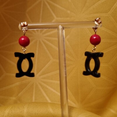 Ohrringe Ohrhänger aus Vermeil Punze 925 Lucite Rot & Schwarz 40x15mm 