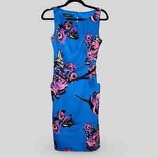 Nine West Floral Belted Sheath Dress Sleeveless Pockets Blue Purple Pink Size 4
