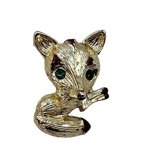 Vintage Gerry's Fox Brooch Signed Brushed Gold & Enamel Pin