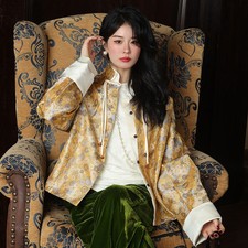 Spring Womens New Top Chinese Style Tang Style Coat Yellow Pan Button Cardigans