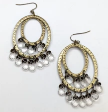 Hammered Bronze Tone Double Hoop Faceted Glass Drop Pierced 3.25" Earrings