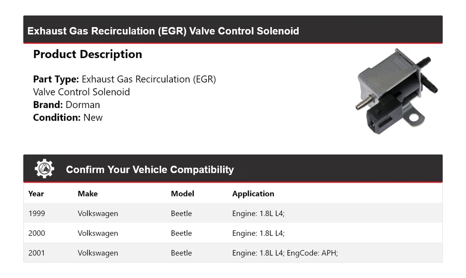 Соленоид управления клапанами рециркуляции отработавших газов для Volkswagen Beetle 1999-2001 годов выпуска 1,8 л L4 Dorman 2000 - Изображение 2 из 4