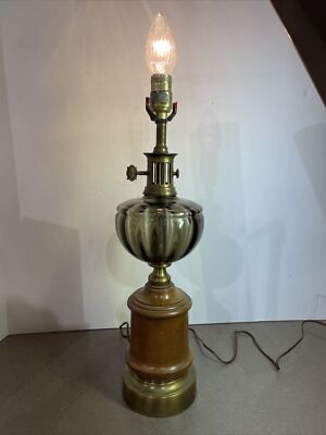 Vintage Mid Century Modern Brass Wood & gray glass westwood industries lamp 21 
