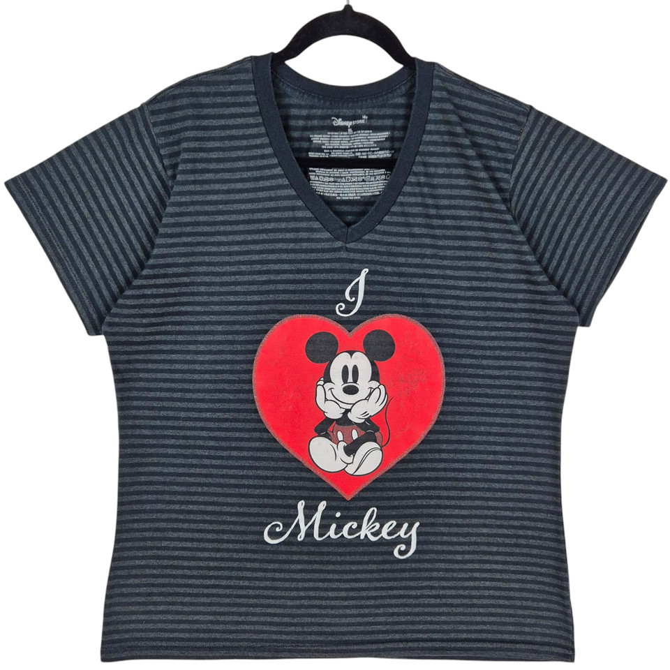 Disney Mickey Mouse Womens Black & Grey Striped V Neck Tee Shirt Size XL