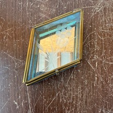 Vintage Brass Diamond Stained Glass Trinket Box Blue Etched Floral Mirrored