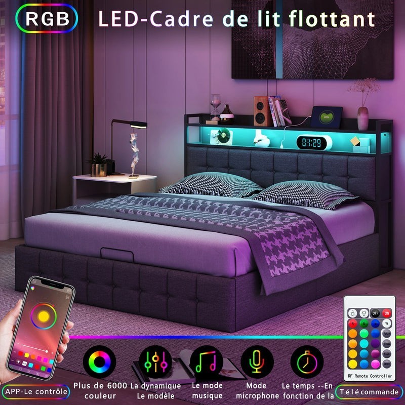 Cama doble acolchada, 160x200cm, espacio en contenedores con LED USB