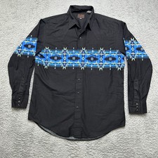 Plains Western Wear Shirt Mens L Black Southwestern Print Pearl Snap Long Sleeve