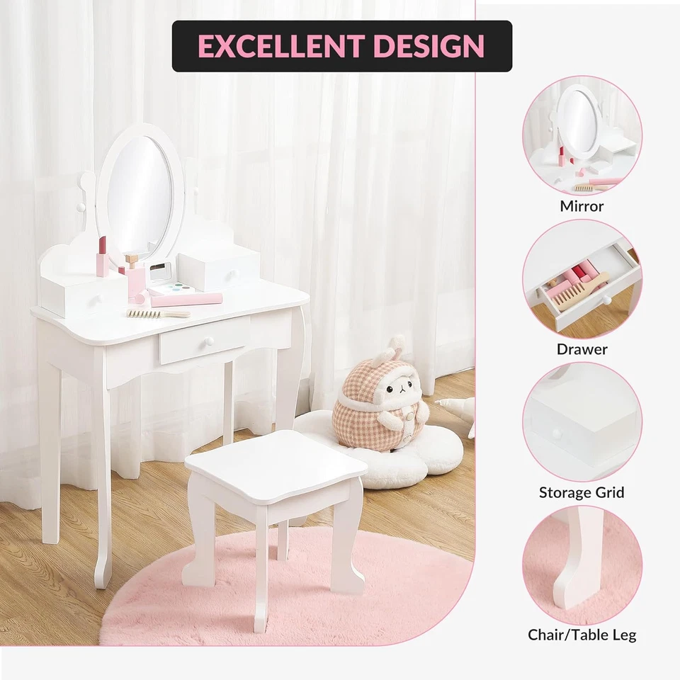 Kids Vanity Set with Mirror & Stool - Wooden Princess Makeup Dressing Table, Adj - Image 3 of 4