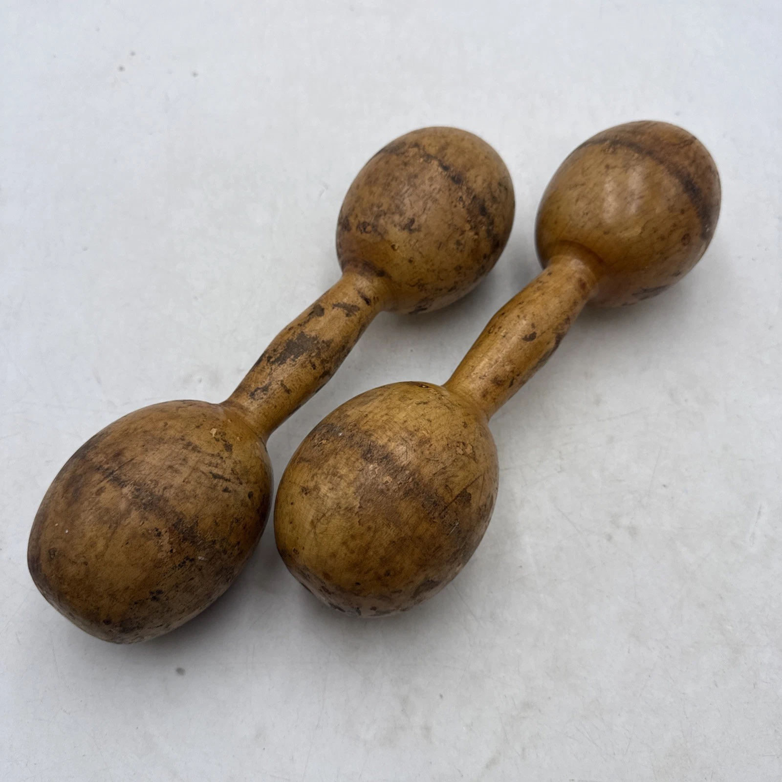 Antique Pair Wood Barbell Weights Hand Turned Wood 10" Dumbbells 1 lb Each