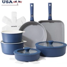 17 Piece Ceramic Cookware Set Nonstick Stackable Pots Pans Removable Handle New