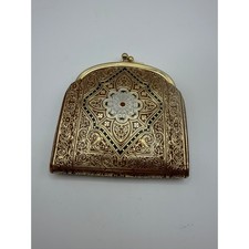 Vintage Italian Leather Coin Purse Gold Florentine Scroll Kiss Lock Brown Italy
