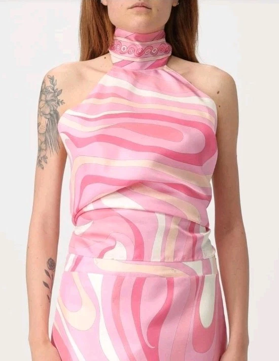 Emilio Pucci Marmo Silk-Twill Halterneck Top Women's 40 / US 4* Pink READ
