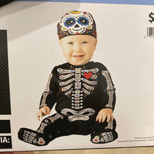 Baby Sugar Skull Halloween Costume 0-6 Months Jumpsuit  Cap