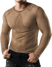 Men's Mesh Fishnet Fitted Long Sleeve Muscle Top Large Brown