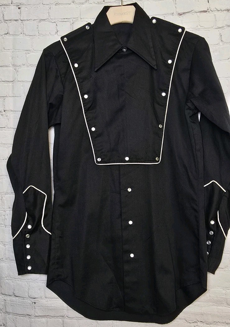 Vtg Western Bib Front Shirt Black Pearl Snap 5 Cuff Rockabilly
