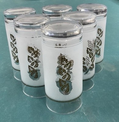 Set of 6 MCM Glasses Gold Leaves Botanical Vine Pasabahce Frosted Vintage