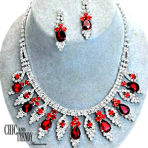 HIGH END RED & CLEAR CRYSTAL PROM, WEDDING FORMAL NECKLACE JEWELRY SET - Picture 1 of 5