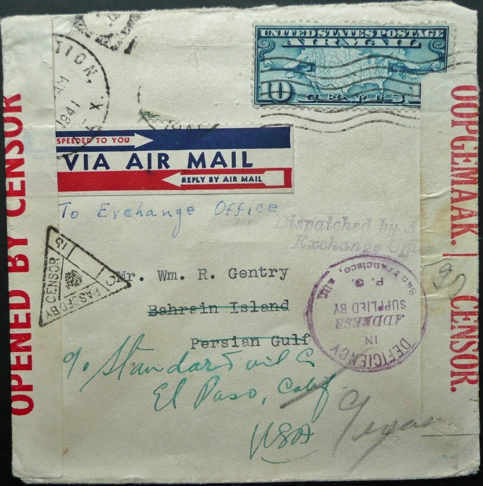 USA ROUND FLIGHT 10 FEB 1941 WWII CENSORED AIRMAIL COVER FROM TEXAS TO BAHRAIN - image 2 of 3