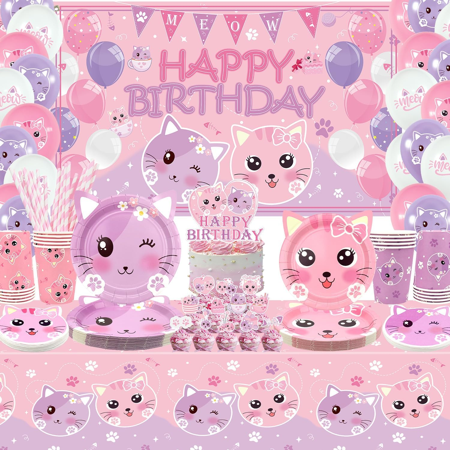 Cat Birthday Party Supplies Set| Kitten Tableware Includes Happy Birthday Backdr