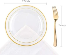 72 Pieces Gold Dessert Plates 7.5" 72 Pieces Gold Disposable Forks 7.4" Clear