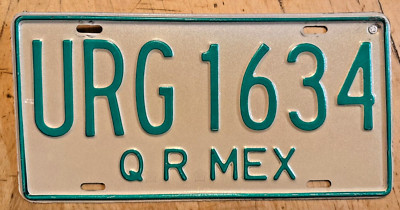 1990'S  Q R  MEX MEXICO QUINTANA ROO  MEXICAN AUTO LICENSE PLATE '' URG 1634 ''