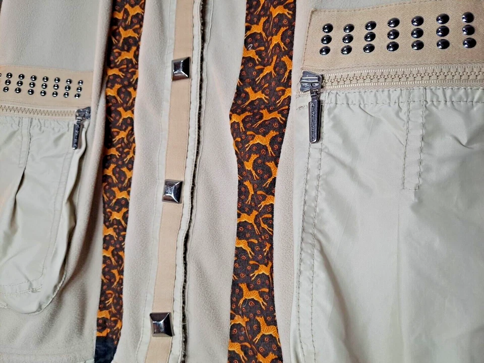 Винтажный зебра полоски сафари жилет с заклепками молнии женщин бежевый молнии аэродром - Изображение 3 из 4