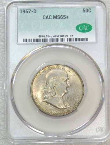 1957-D Franklin Half Dollar CACG MS65+ CAC Just Graded Mint set toning #L112