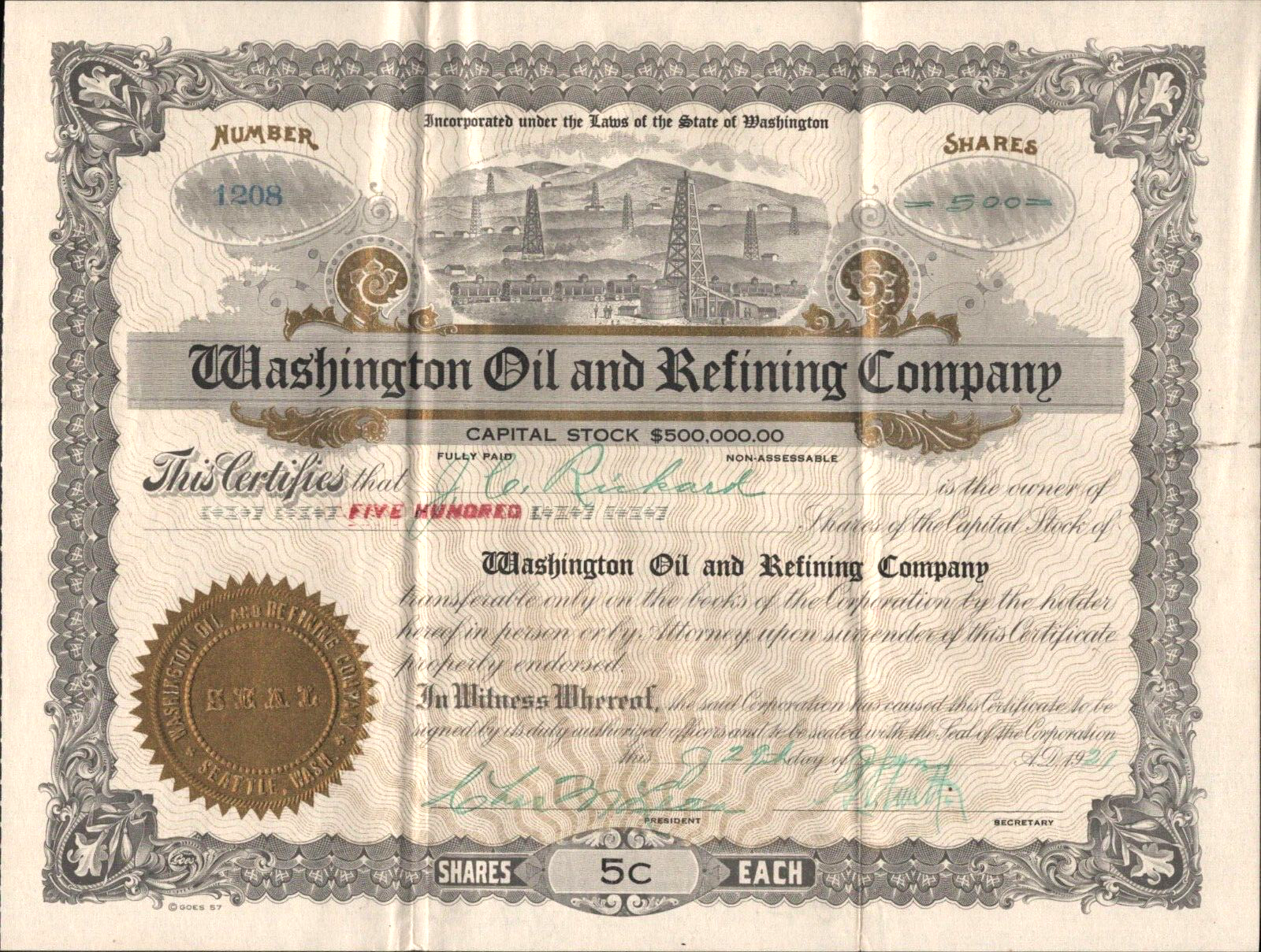 1921 WASHINGTON OIL AND REFINING COMPANY, SEATTLE antique stock certificate 1208