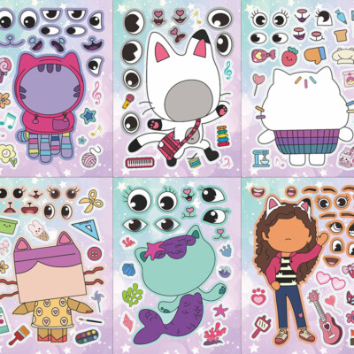 6Sheets Gabby's Dollhouse Make A Face Puzzle Sticker Cartoon Education Toys G:bo