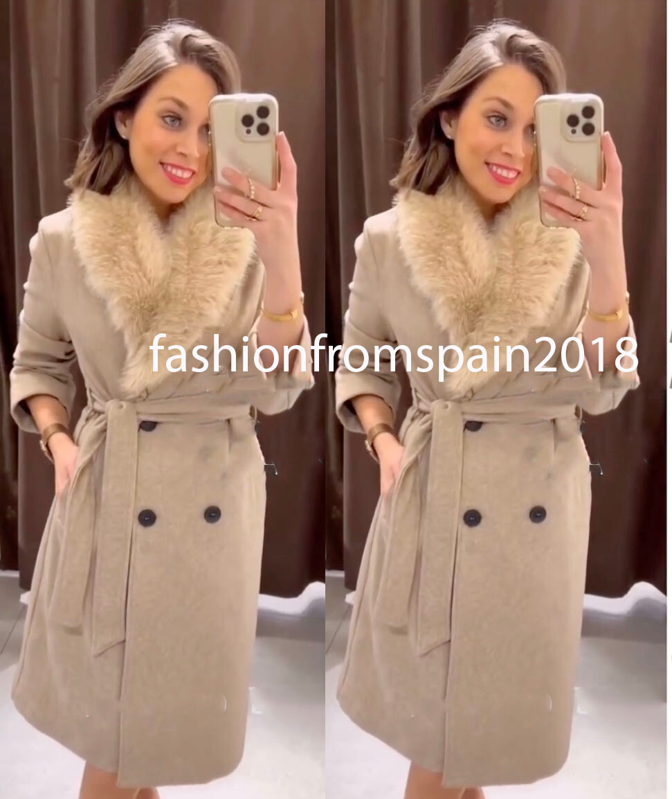 ZARA NEW WOMAN BELTED FAUX FUR LAPEL COAT CAMEL XS-XXL 3046/353