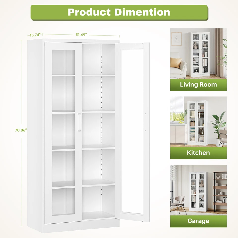 Armario de almacenamiento de metal, vitrina de vidrio curiositario de 71" con 4 estantes ajustables Foto 2 de 4