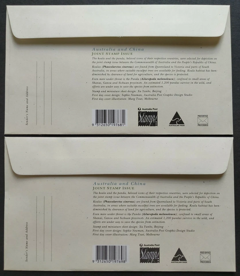 1995 Australia Koala Joint Issue China Panda Miniature Sheets MS FDC (pair) - Image 2 of 2