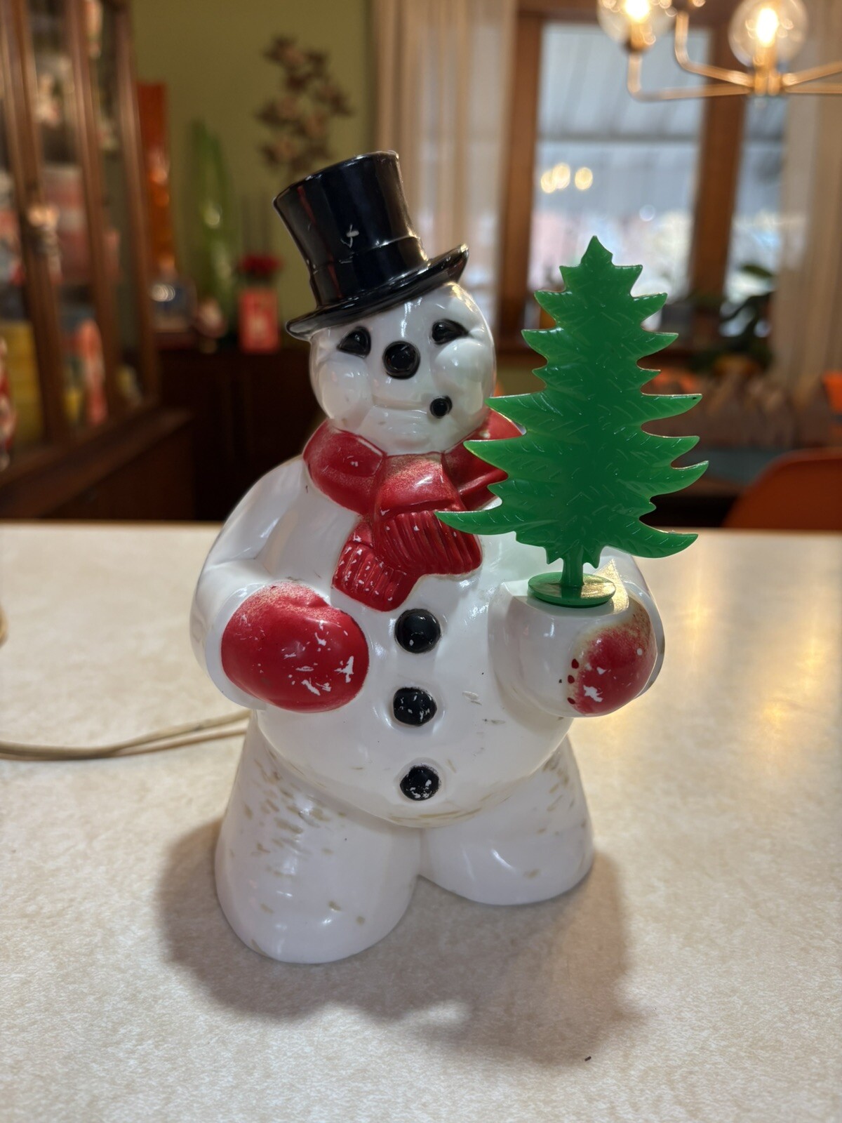 Vintage Royalite Light Up Tabletop Snowman Hard Plastic Blowmold w/original Tree