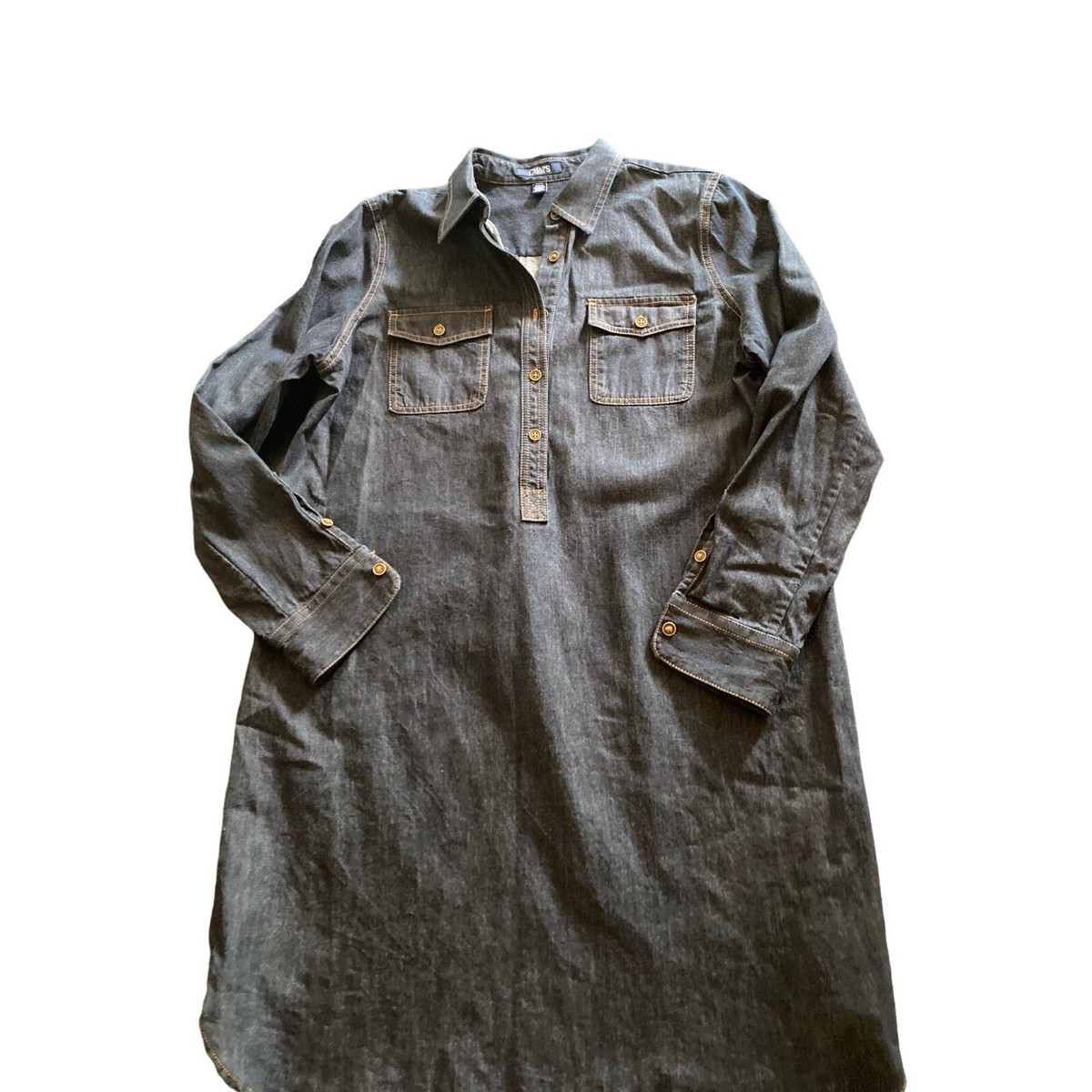 Chaps Denim Long Sleeve Collared Shirt Dress Size Large Chest Pockets