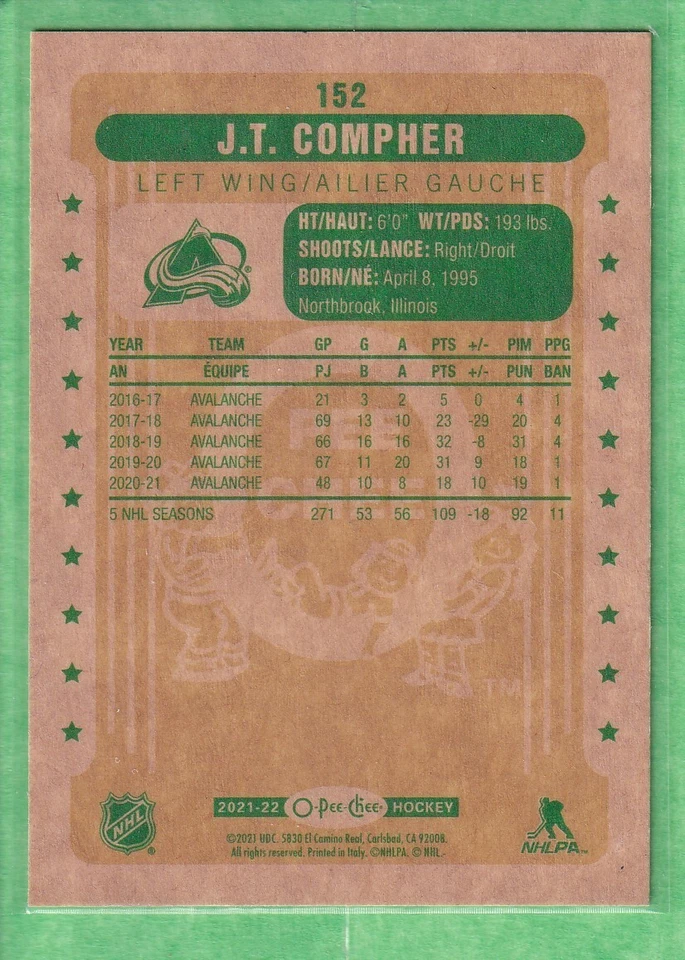 2021-22 O-Pee-Chee Retro #152 J.T. Compher Colorado Avalanche - Image 2 of 2