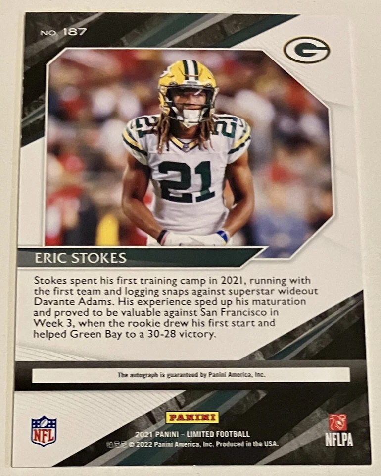 ERIC STOKES 2021 PANINI LIMITED ROOKIE RED AUTO /25 GREEN BAY PACKERS RC AUTO - Image 2 of 2