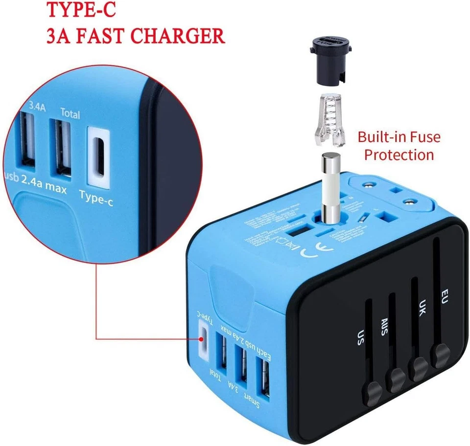 Fast 5A Universal International Travel Plug 3 USB Power Adapter Type C Worldwide - image 2 of 4