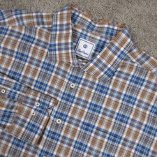 David Donahue Shirt Mens 2XL Blue Brown Plaid Oxford Cloth Cotton Button Up EUC
