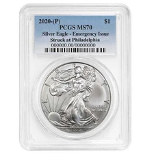 2020 (P) $1 American Silver Eagle PCGS MS70 Emergency Production Blue Label