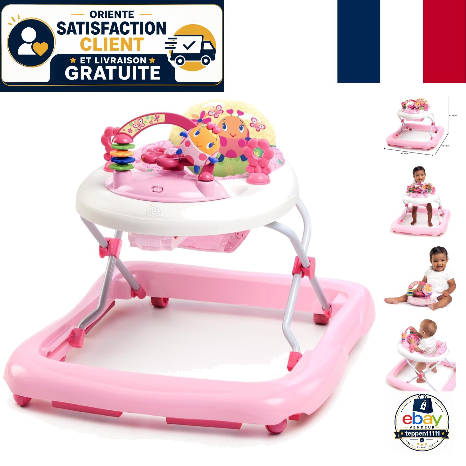 Trotteur bébé avec hauteur réglable et console musicale interactive rose