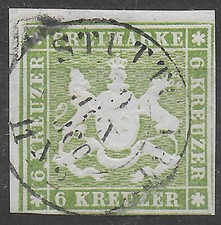 W&uuml;rttemberg: MiNr. 13a, gestempelt, gepr&uuml;ft
