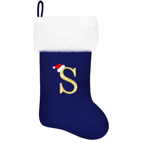 20 Inches Monogram Christmas Stockings Blue Velvet with White Super Soft Plus...